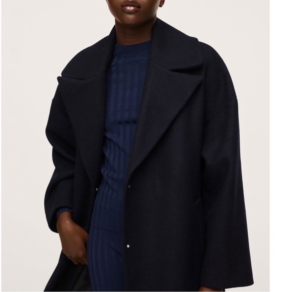 MANGO NWT Dark Navy Blue Long Wool Coat Wide Lapel Belted Wool Wrap Trench Coat - Picture 13 of 16